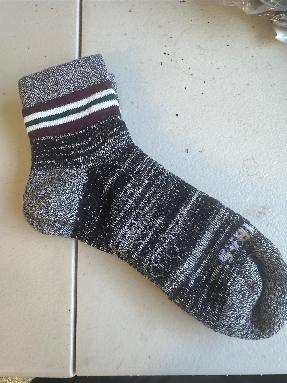 Men's Marled Black & Gray Ankle Socks with Stripe Cuff Merino Wool Blend R191